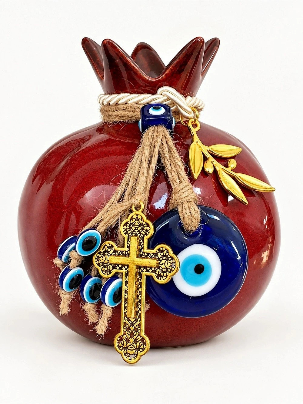 Burgundy Ceramic Pomegranate with Evil Eye Charms & Gold Cross